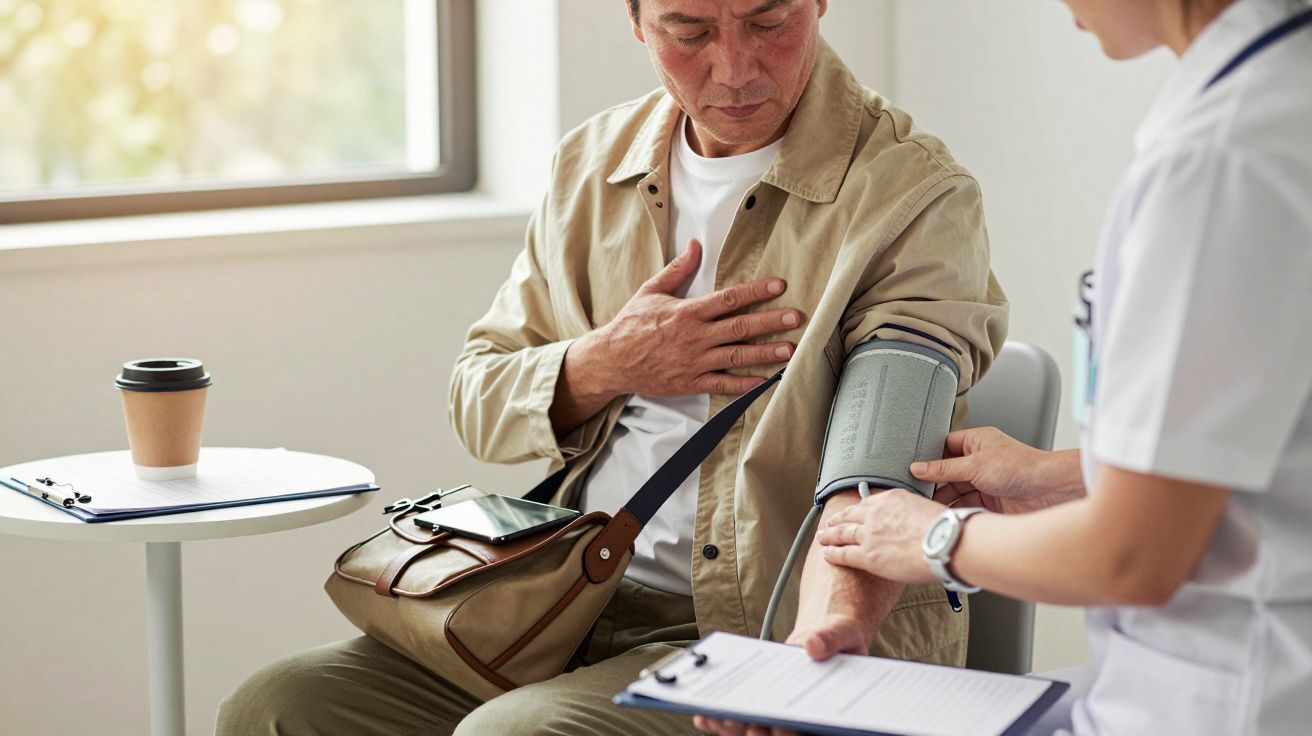 Enfermeira mede a pressão arterial de um homem sentado, que segura o peito. Uma mesa com café e bolsa está ao lado.