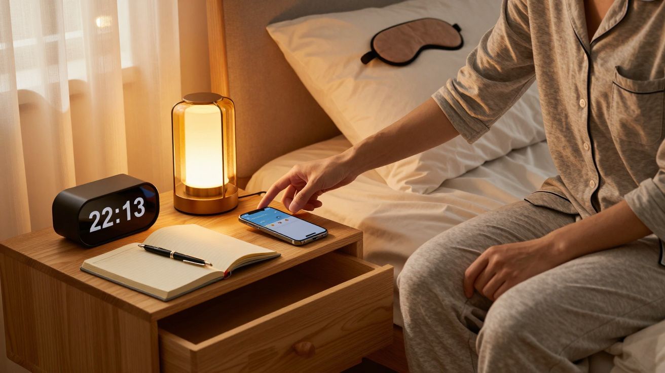 Pessoa com pijama toca num telemóvel numa mesa de cabeceira, ao lado de um despertador, caderno e candeeiro aceso.