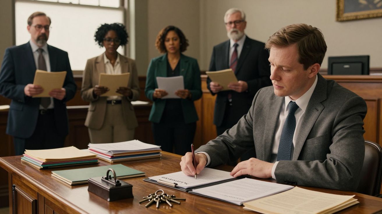 Homem de fato assina documentos numa mesa de madeira, com quatro pessoas em pé ao fundo segurando pastas.