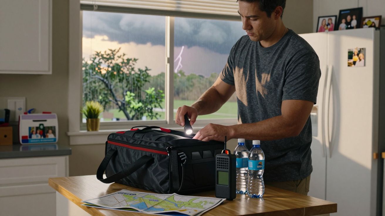 Homem prepara mochila de emergência na cozinha; janela mostra tempestade e relâmpago ao fundo.