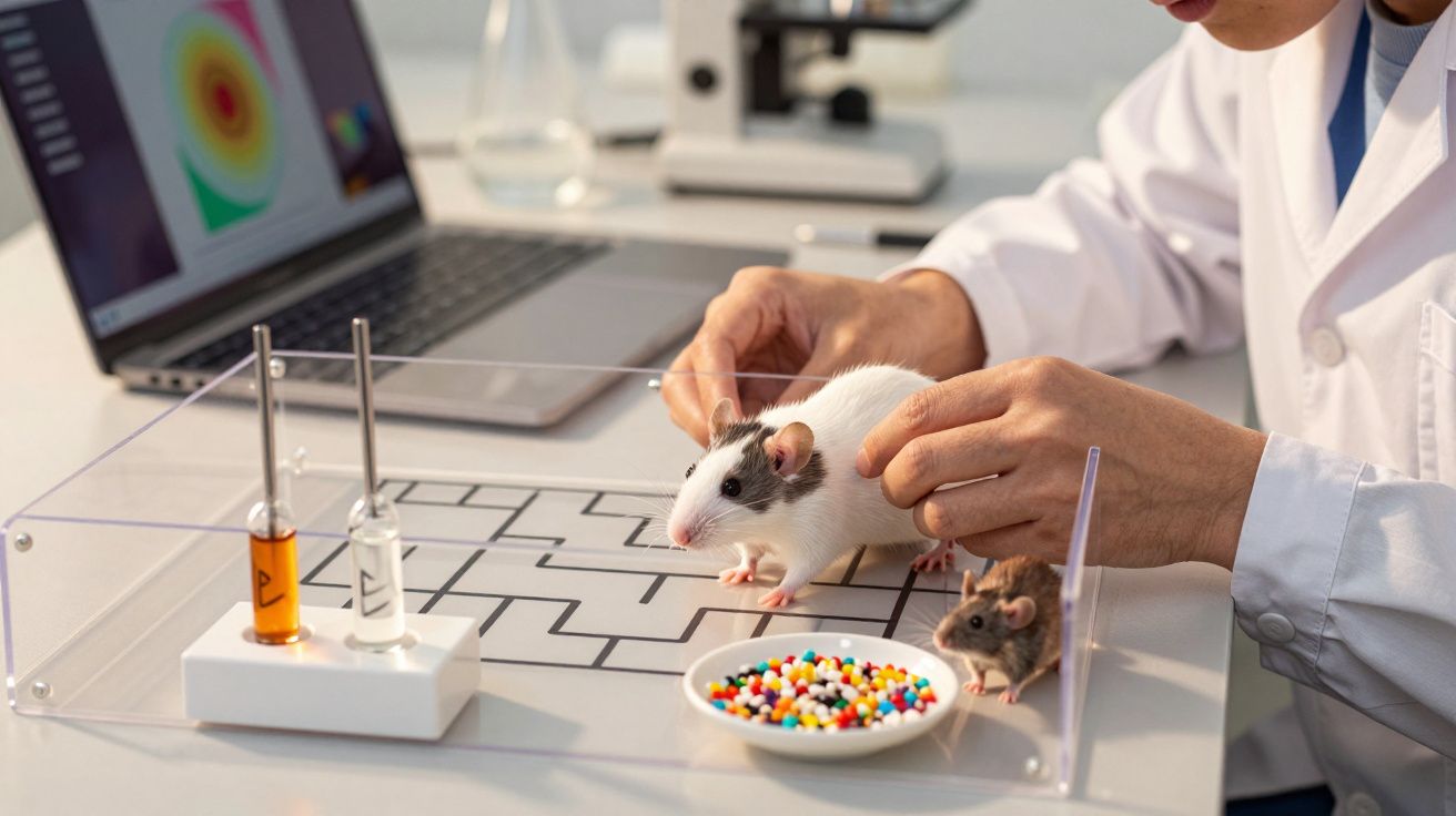 Cientista manipula ratos em laboratório com labirinto e computador ao fundo.