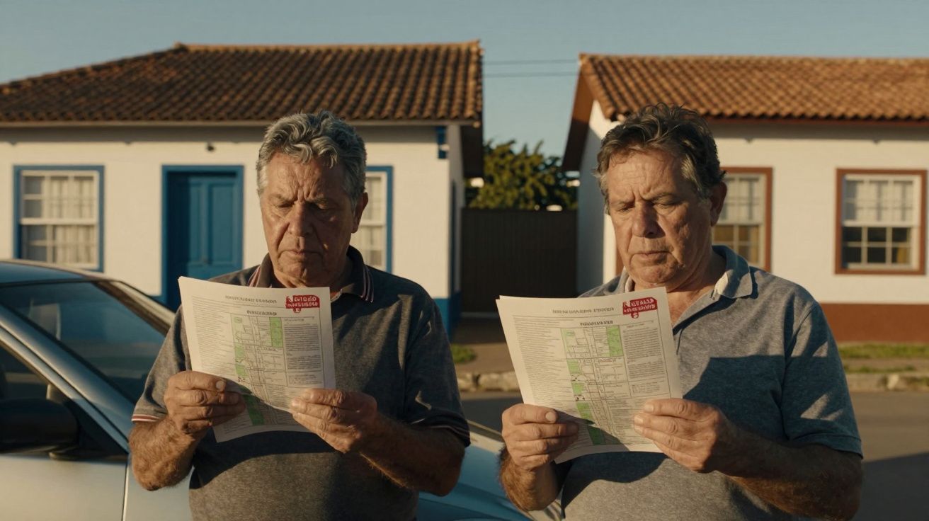 Dois homens idênticos leem jornais em frente a casas brancas com telhado vermelho.