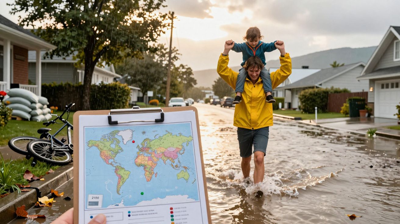 Homem de impermeável amarelo carrega criança nos ombros através de rua inundada; mapa em destaque à frente.