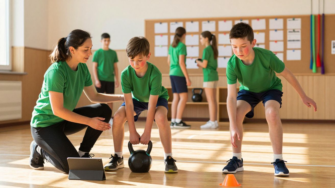 Instrutora orienta dois rapazes a levantar kettlebell numa aula de ginástica, com outros alunos ao fundo.