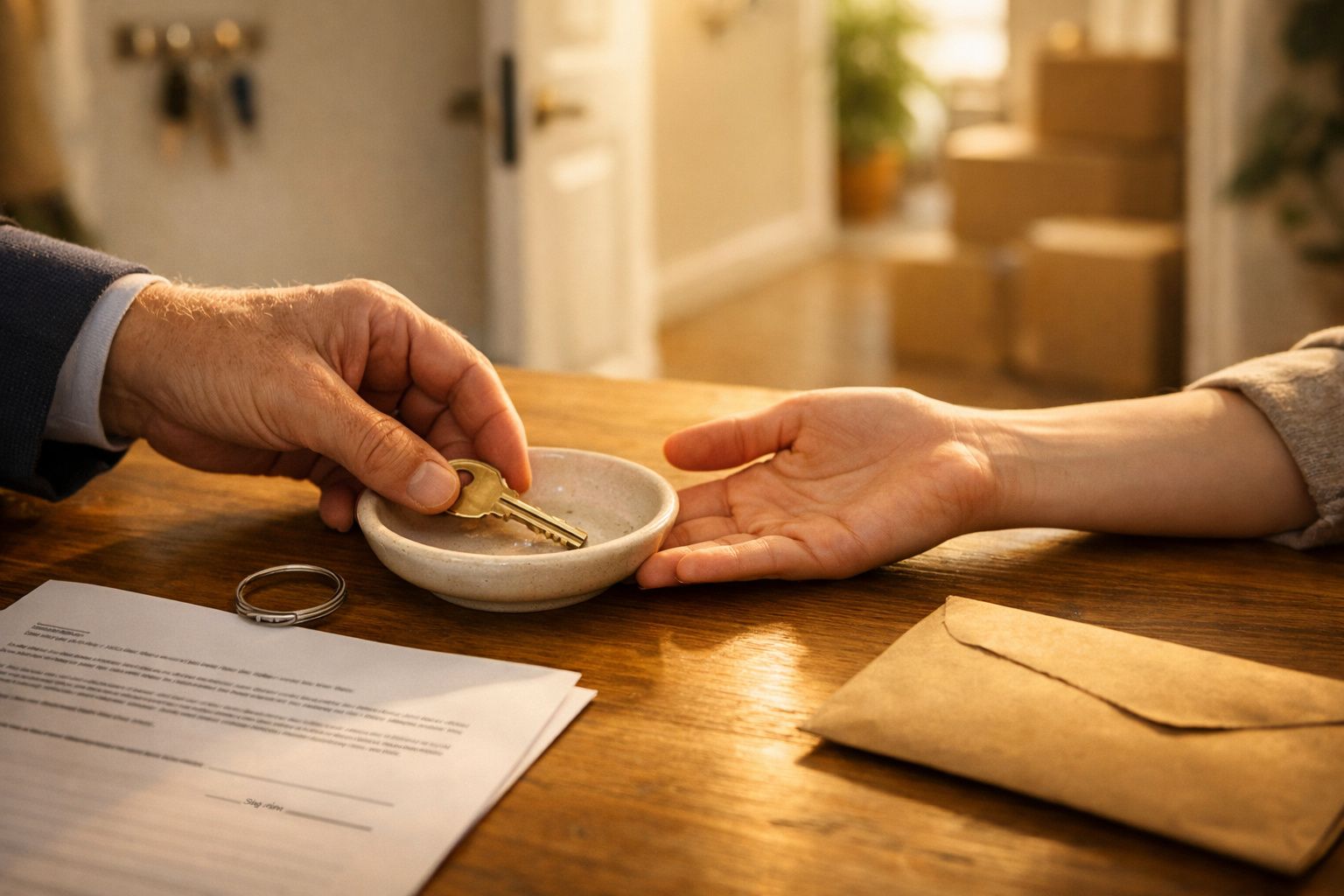 Pessoa a assinar documento com caneta enquanto outra segura uma chave, num escritório com plantas ao fundo.