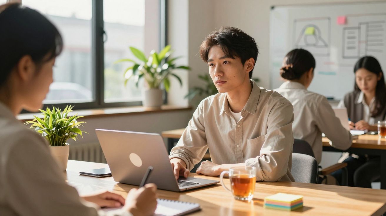 Homem a trabalhar num portátil numa reunião, com colegas ao fundo e plantas na mesa.