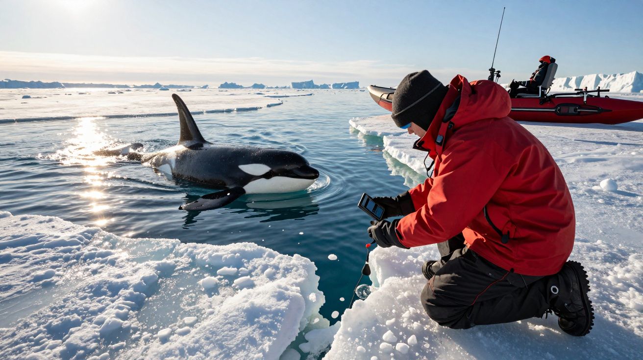 Fotógrafo de vermelho ajoelhado no gelo captura orca na água, com barco inflável ao fundo num cenário polar.