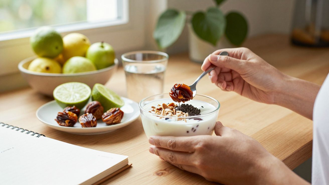 Pessoa a comer iogurte com frutas e sementes numa cozinha, com tigela de fruta e copo de água na mesa.