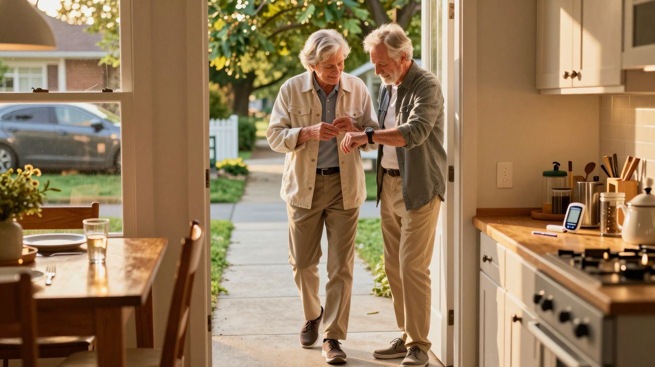 Dois homens idosos de pé numa cozinha iluminada, olhando para um relógio de pulso, com jardim ao fundo.