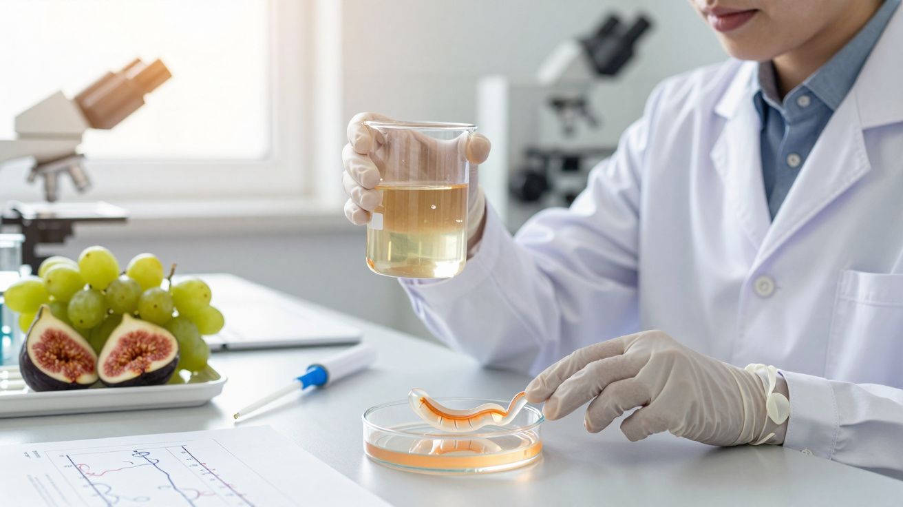 Cientista em laboratório, segurando líquido num copo, analisando amostras. Uvas e figos ao lado.
