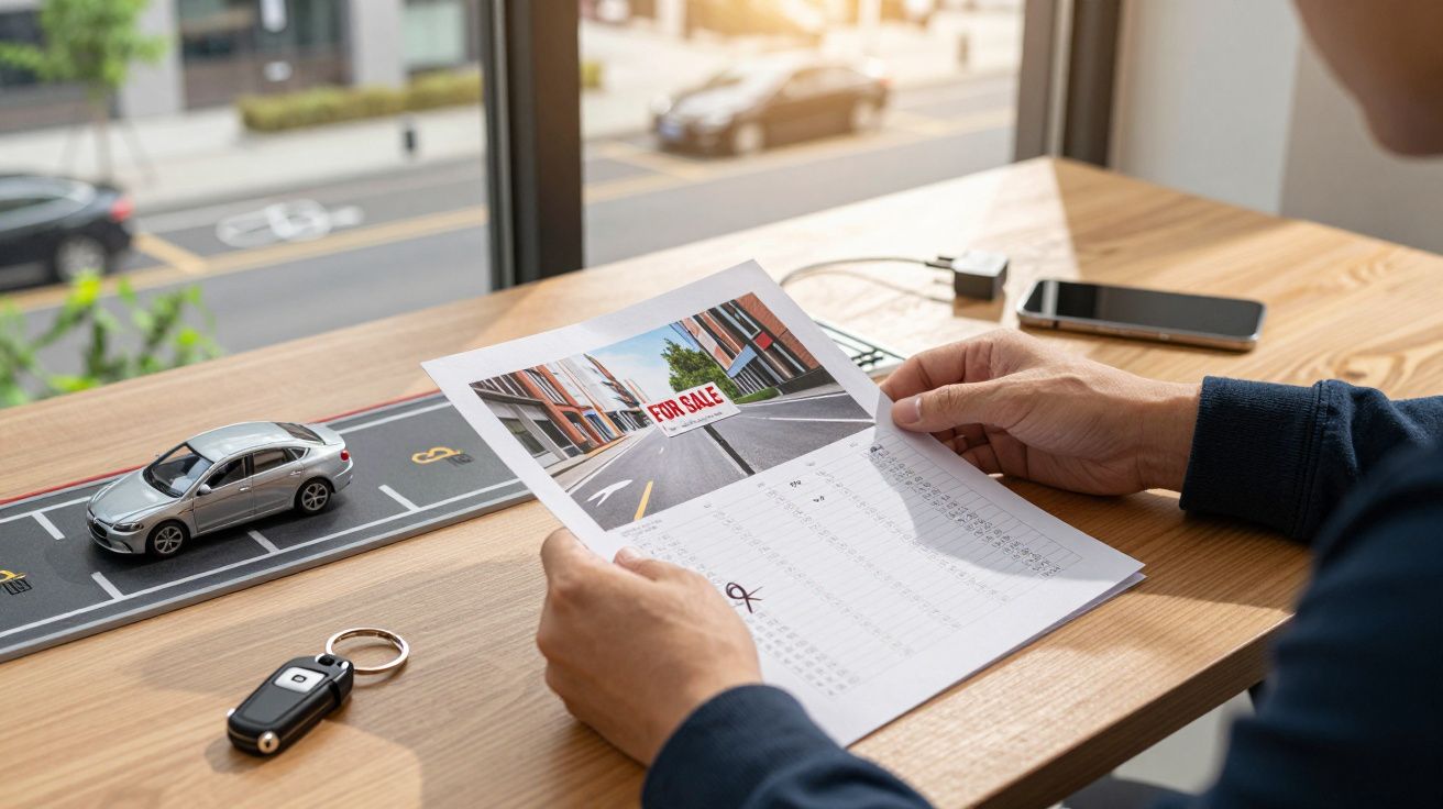 Pessoa segura folheto de imóvel à venda em mesa com carro em miniatura e chaves ao lado.