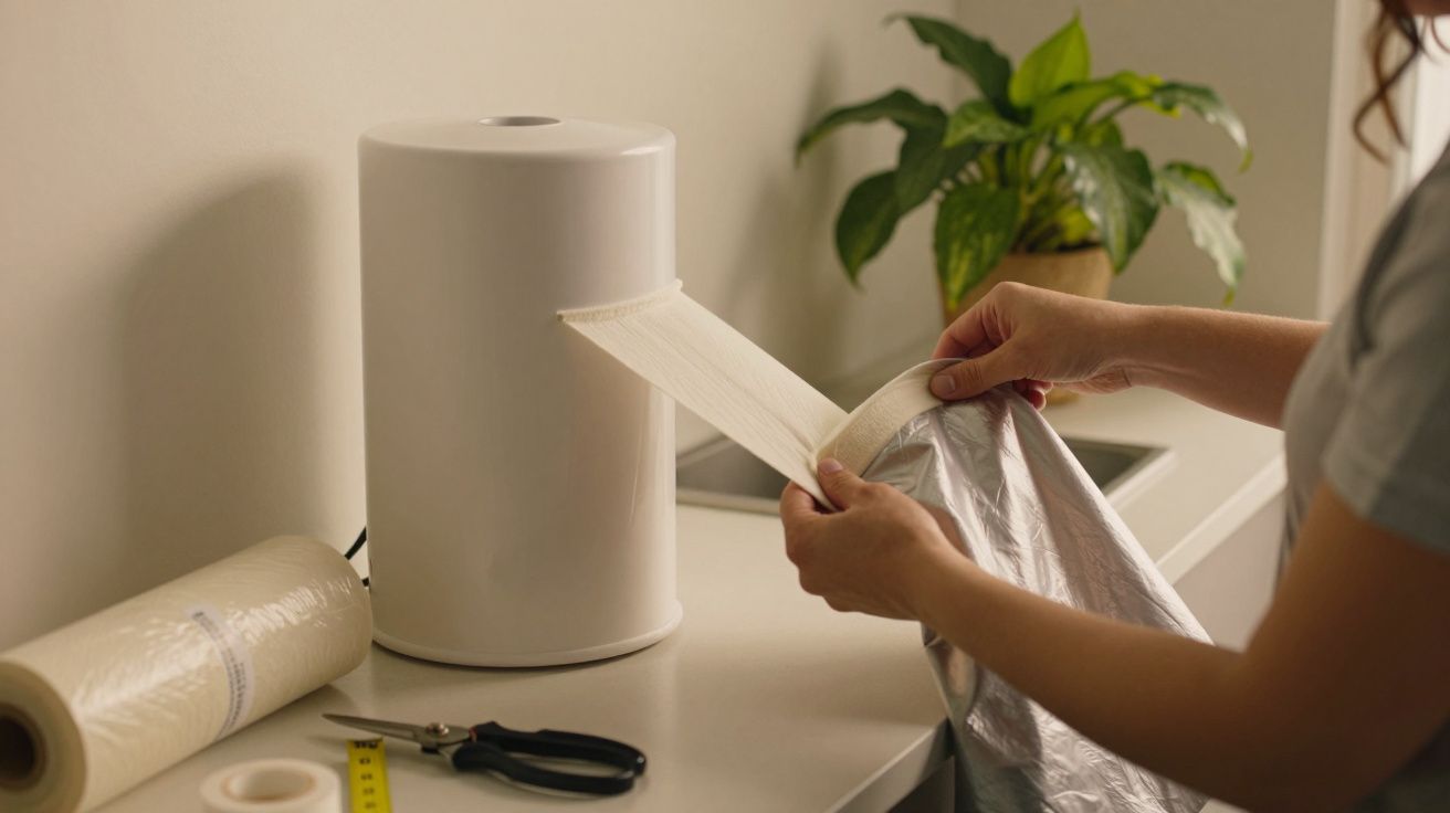 Pessoa a puxar um saco biodegradável de um dispensador branco numa cozinha, com planta ao fundo.