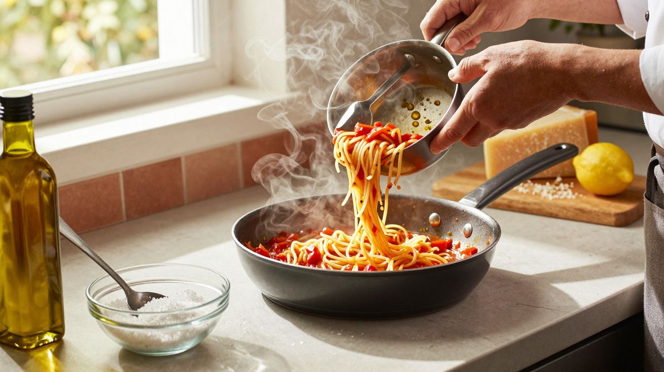 Pessoa a adicionar massa e legumes numa frigideira fumegante com azeite e sal ao lado, num balcão de cozinha iluminado.