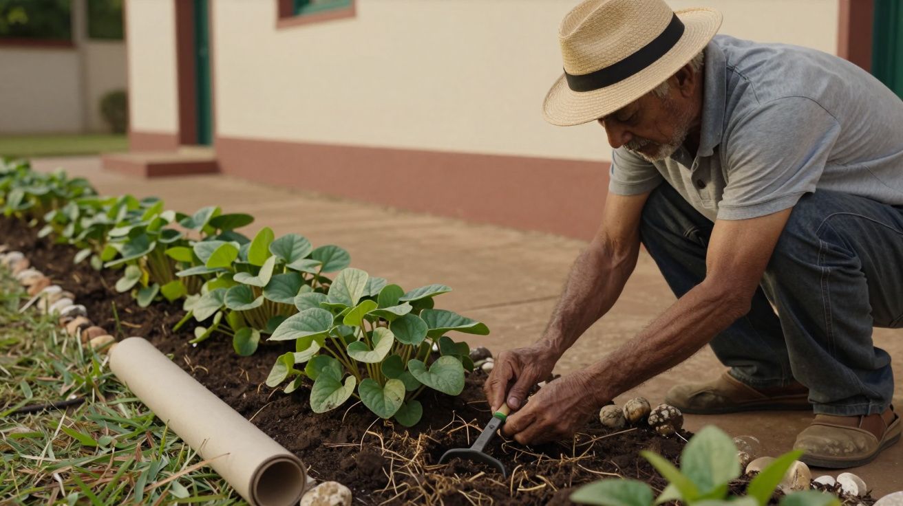 Homem de chapéu cuida de plantas em um canteiro ao lado de uma casa.