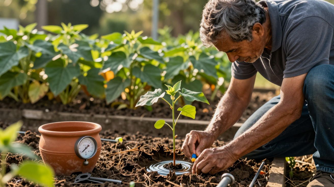 Homem cuidando de planta em horta, com regador e vaso próximo, num dia ensolarado.