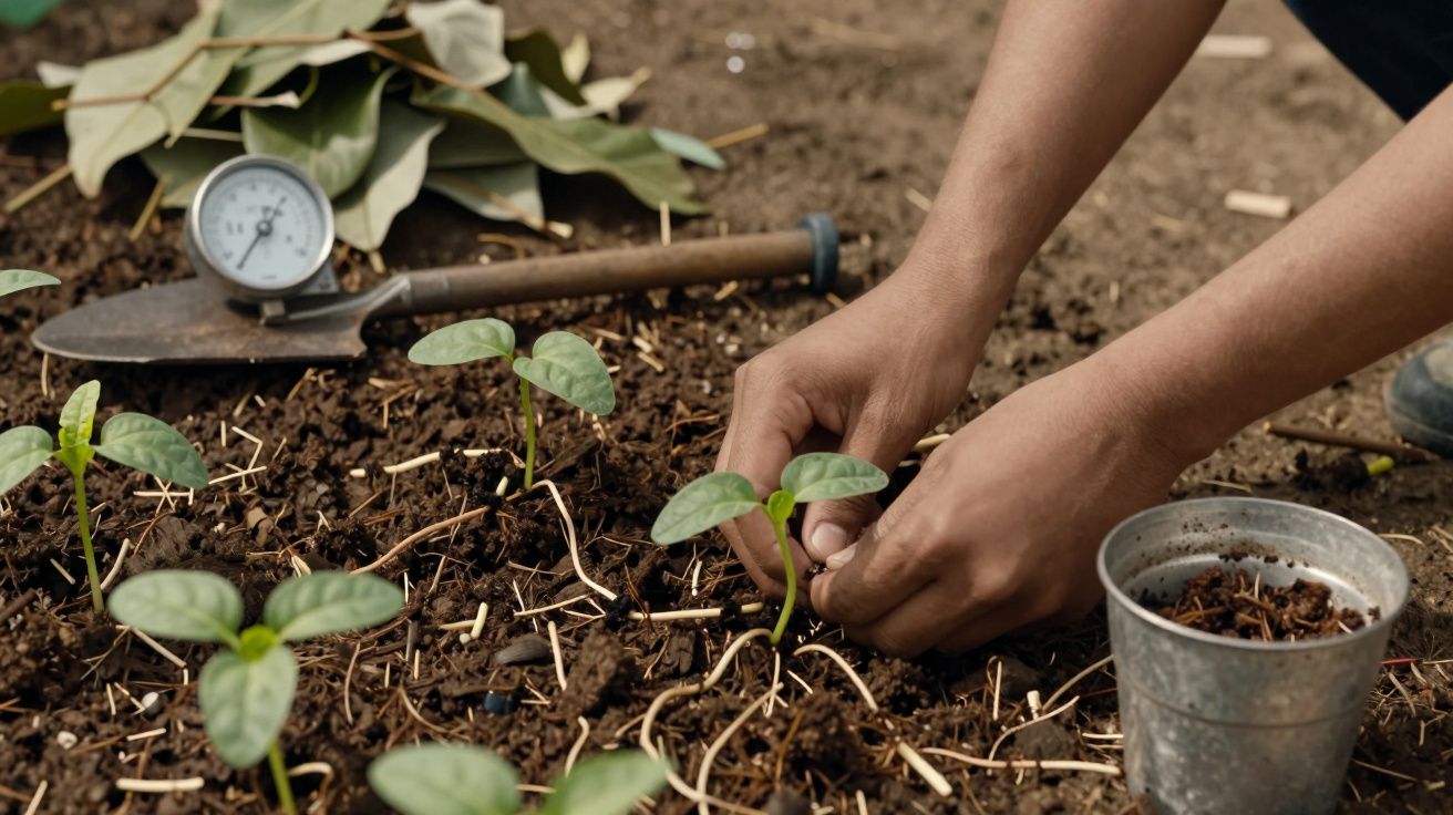 Mãos plantam mudas em terra, próximo a uma pá e um vaso de metal.