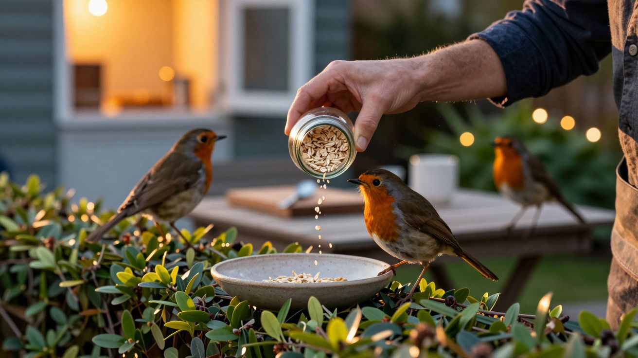 Pessoa alimentando pássaros com sementes numa tigela num jardim. Estão presentes três pássaros com peito laranja.