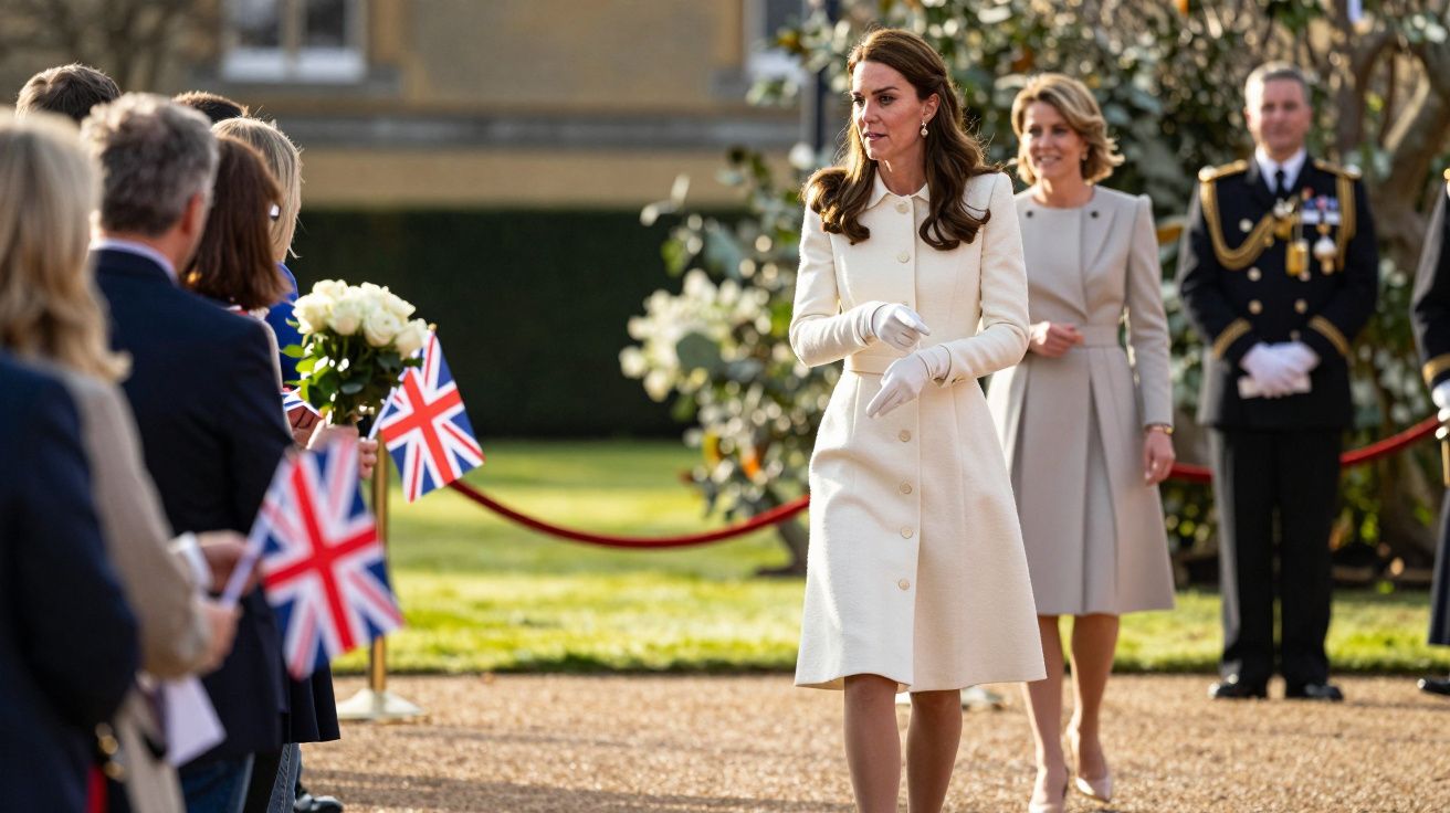 Mulher em casaco branco caminha em frente a público com bandeiras britânicas. Árvores e três pessoas ao fundo.
