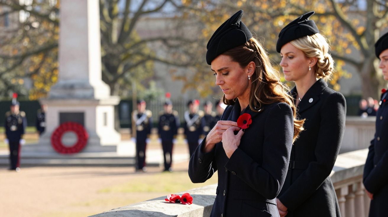 Duas mulheres de luto em cerimónia ao ar livre, segurando papoilas vermelhas. Monumento ao fundo com soldados em fila.