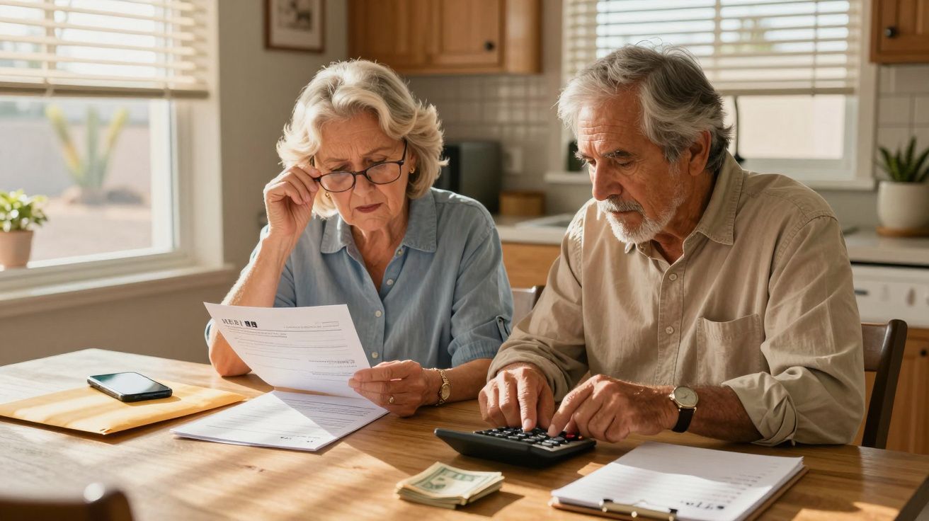 Casal idoso analisa documentos e calcula finanças na cozinha, com uma calculadora e notas de dinheiro na mesa.
