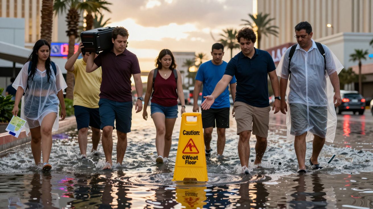 Grupo de pessoas caminhando por rua inundada com placa de "piso molhado" em destaque.