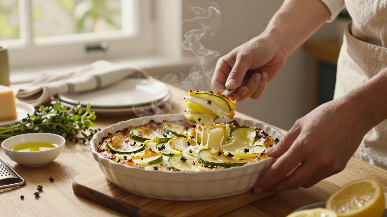 Mãos servindo uma tarte de vegetais com queijo derretido e vapor, em prato cerâmico branco sobre bancada de madeira.
