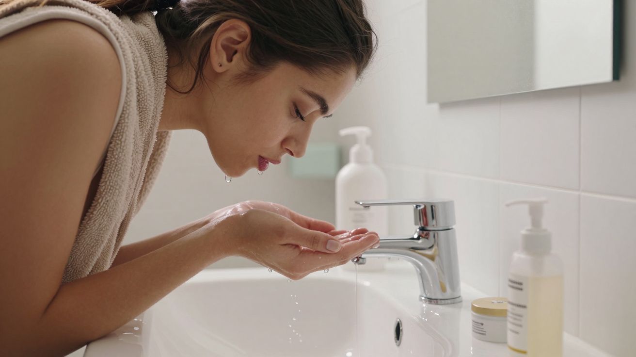 Mulher enxagua o rosto na pia do banheiro, usando toalha bege e produtos de higiene ao redor.