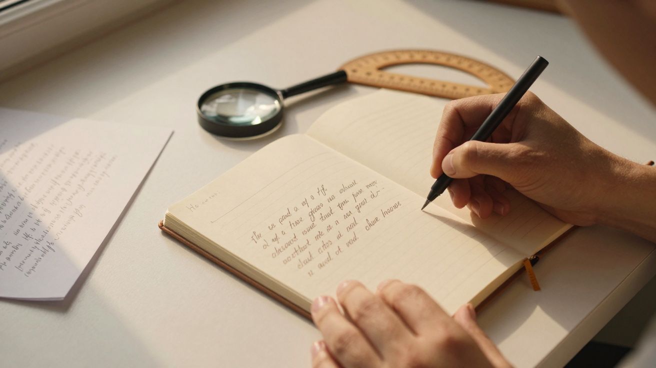 Pessoa a escrever num caderno, com uma lupa e régua na mesa ao lado de uma janela iluminada pelo sol.