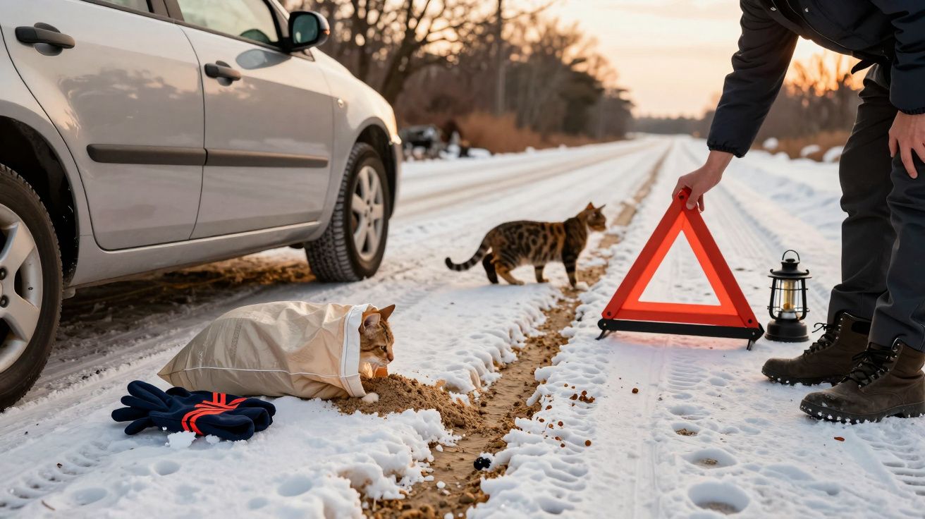 Carro parado na neve; duas pessoas colocam um triângulo de aviso, com dois gatos ao lado, um dentro de um saco.