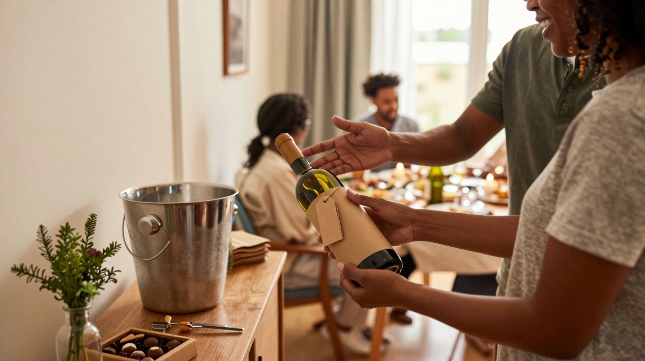 Pessoa entregando garrafa de vinho, com balde e mesa ao fundo, em ambiente de refeição entre amigos em casa.