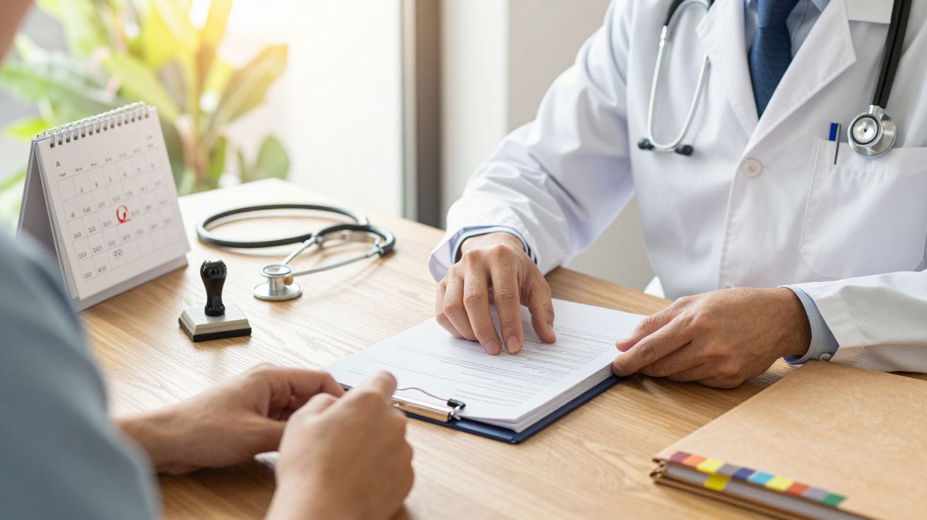 Médico e paciente em consulta, sentados à mesa com documento e estetoscópio, calendário ao fundo.