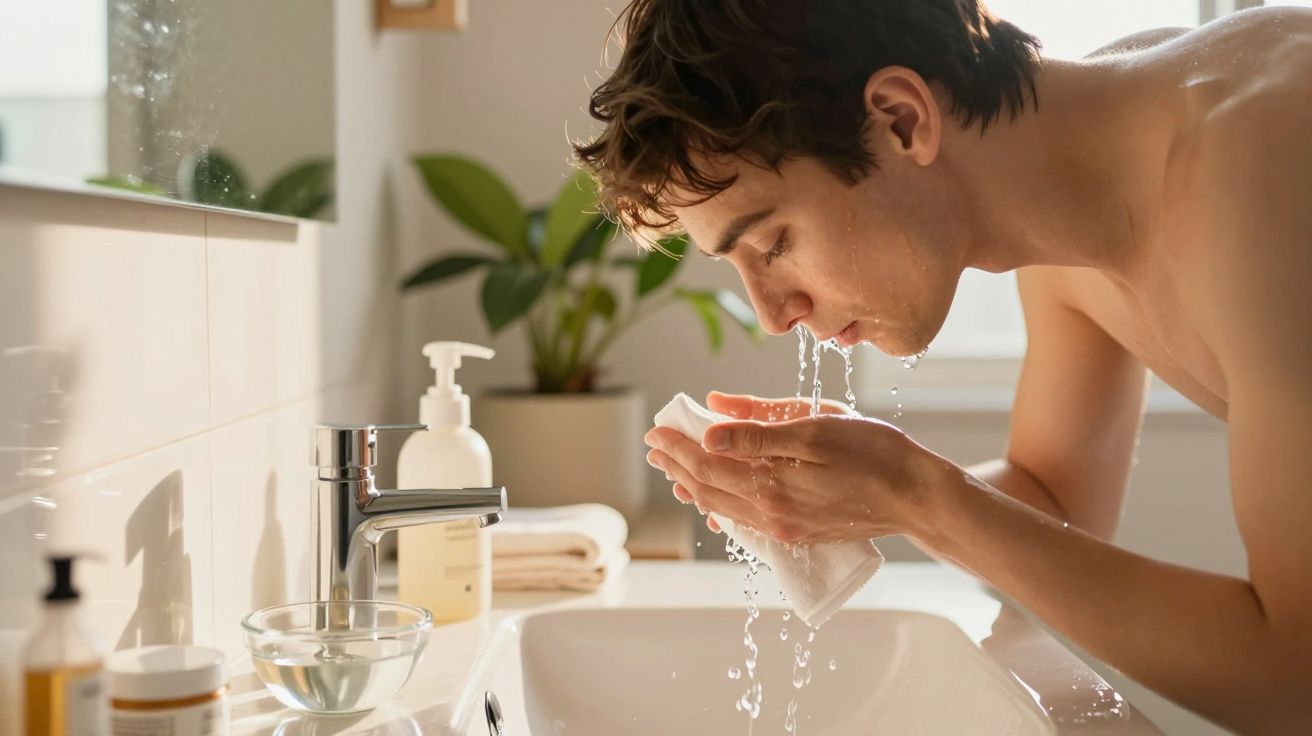 Homem lavando o rosto numa casa de banho iluminada, com plantas ao fundo. Produtos de higiene ao lado da torneira.