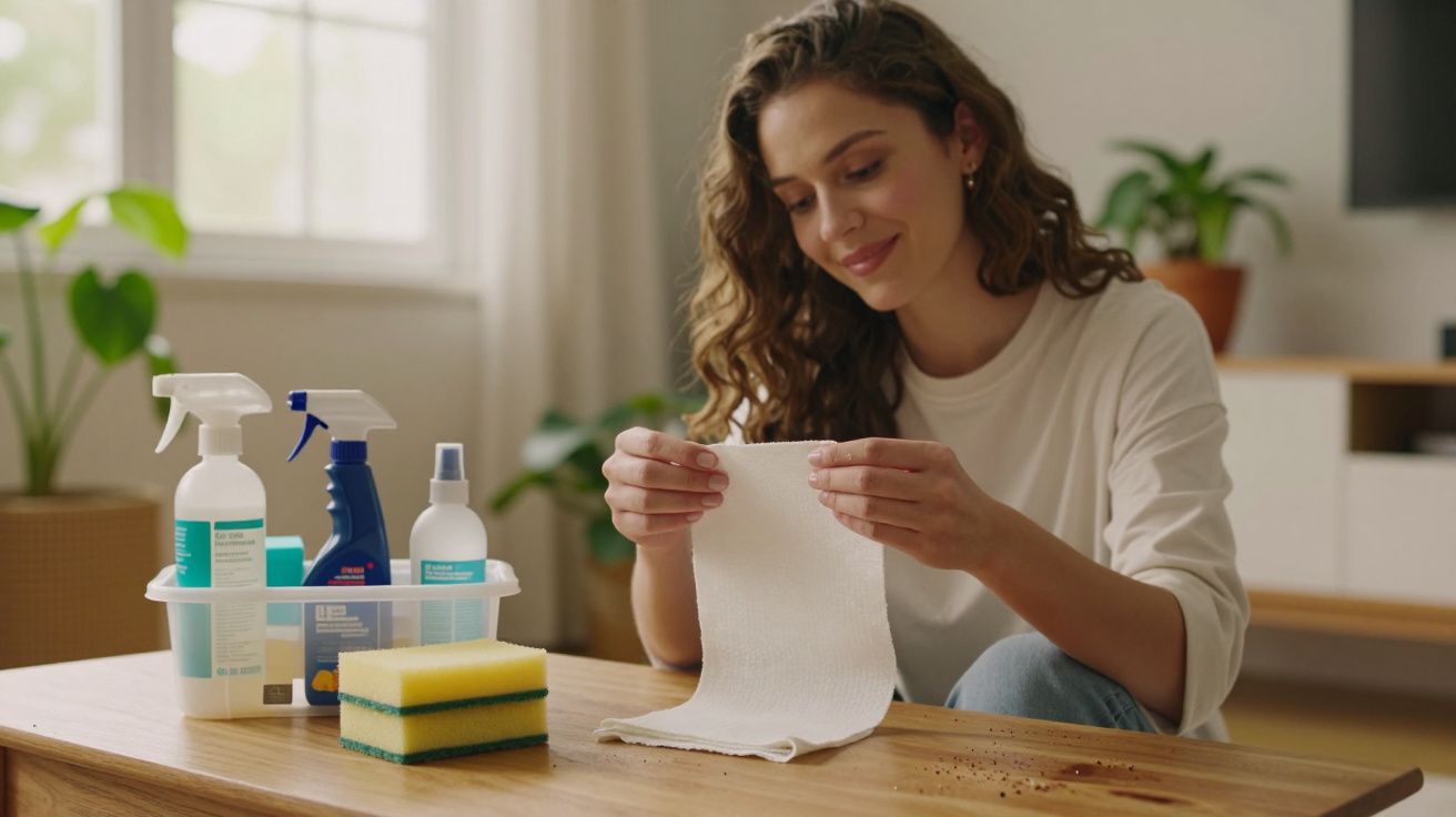 Mulher preparando-se para limpar mesa de madeira com produtos de limpeza e esponjas ao lado, num ambiente doméstico.