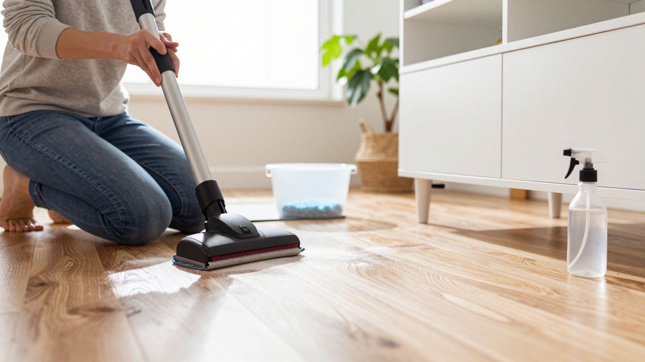 Pessoa a limpar piso de madeira com esfregona, ao lado de balde e spray.