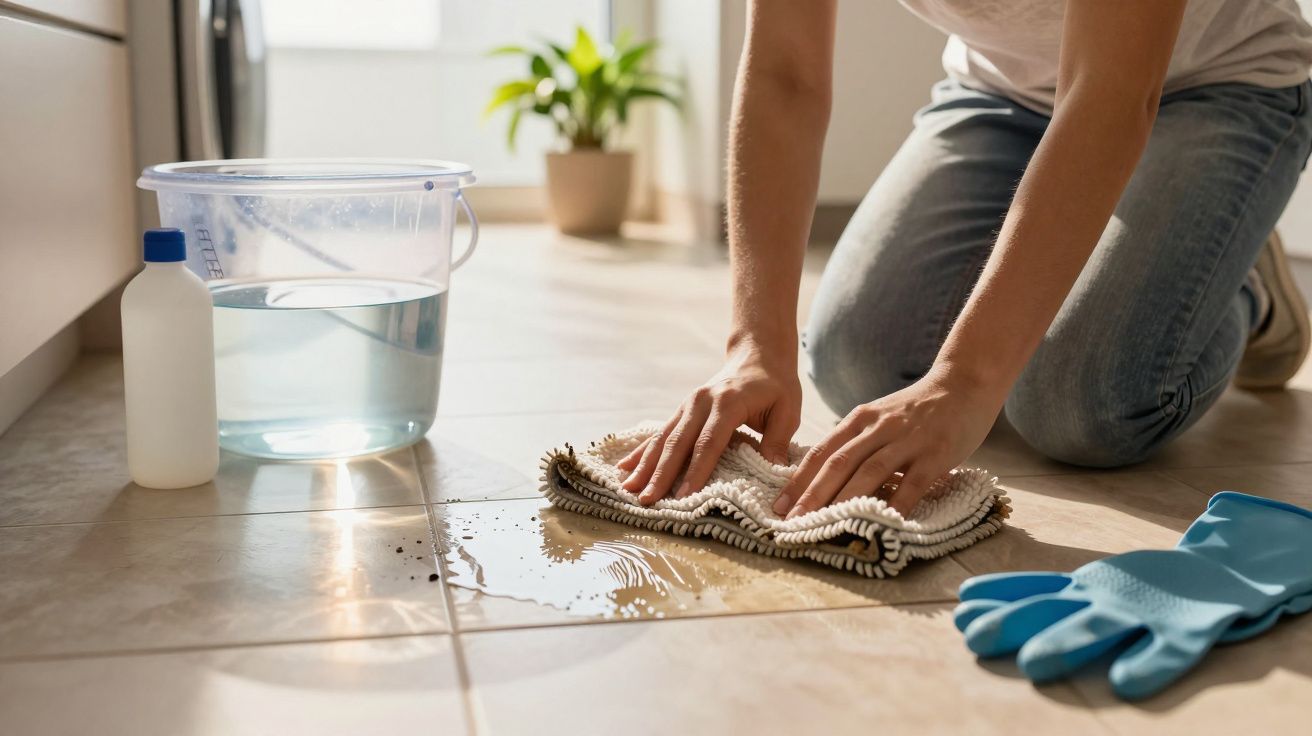 Pessoa a limpar chão com pano, ao lado de balde de água e garrafa de produto de limpeza. Luvas azuis no chão.
