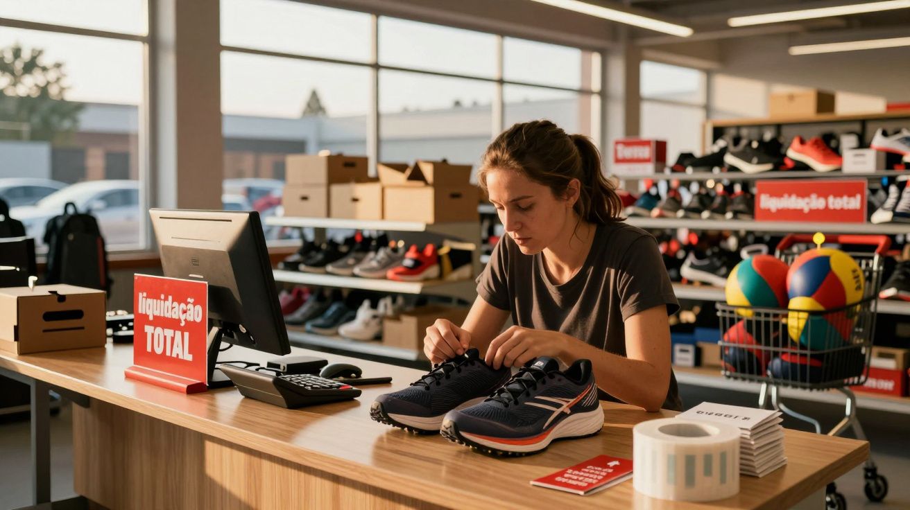Mulher a preparar ténis atrás de balcão numa loja de desporto em liquidação, com bolas e sapatos ao fundo.
