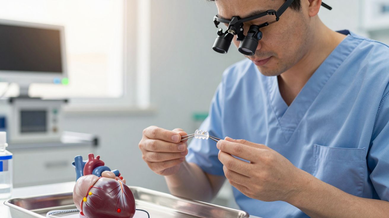 Homem em uniforme médico examina protótipo de coração com lupa em laboratório iluminado.