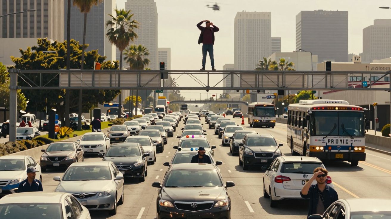 Trânsito congestionado numa cidade grande, com um homem de pé sobre uma ponte pedonal e um helicóptero no céu.