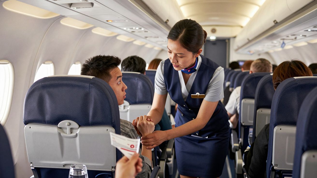 Assistente de bordo a conversar com passageiro num corredor de avião, com passageiros sentados ao fundo.