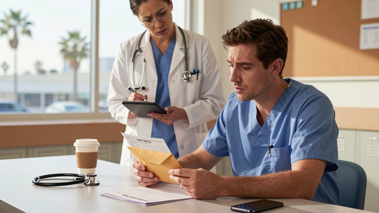 Dois profissionais de saúde em discussão, um sentado com envelope, outro de pé com um tablet.