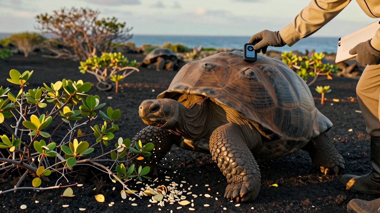 Homem mede casco de tartaruga-gigante em ambiente natural, com vegetação rasteira e solo escuro ao fundo.