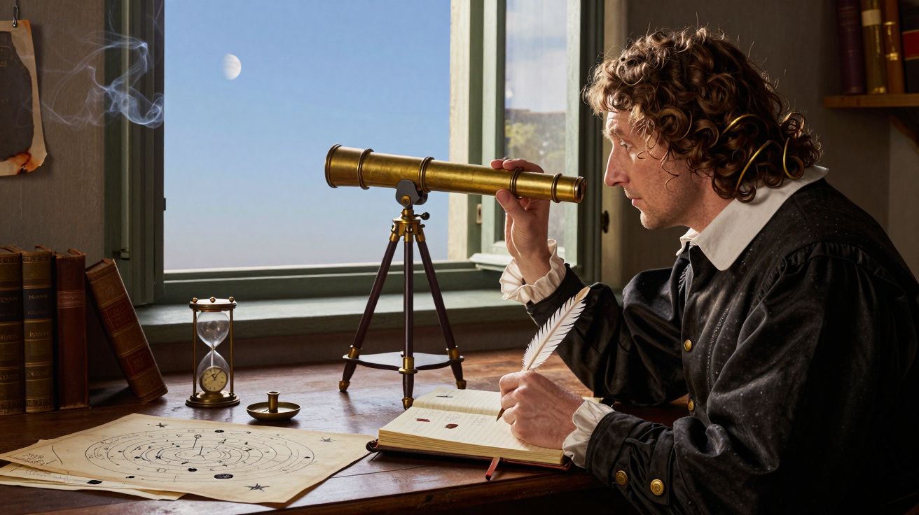 Homem com telescópio em escritório antigo observa o céu; papéis e ampulheta na mesa, janela aberta com vista para a lua.