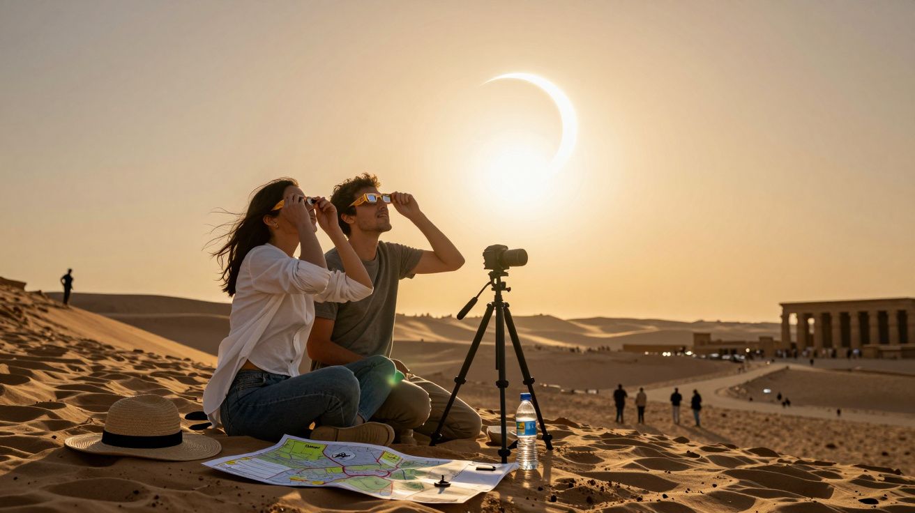 Casal observa eclipse solar no deserto, com óculos de proteção, mapa e tripé ao lado. Ruínas ao fundo.