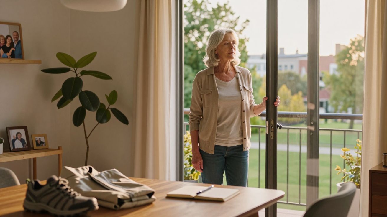 Mulher idosa junto a uma porta de vidro, olhando para fora, numa sala iluminada com mesa e planta.