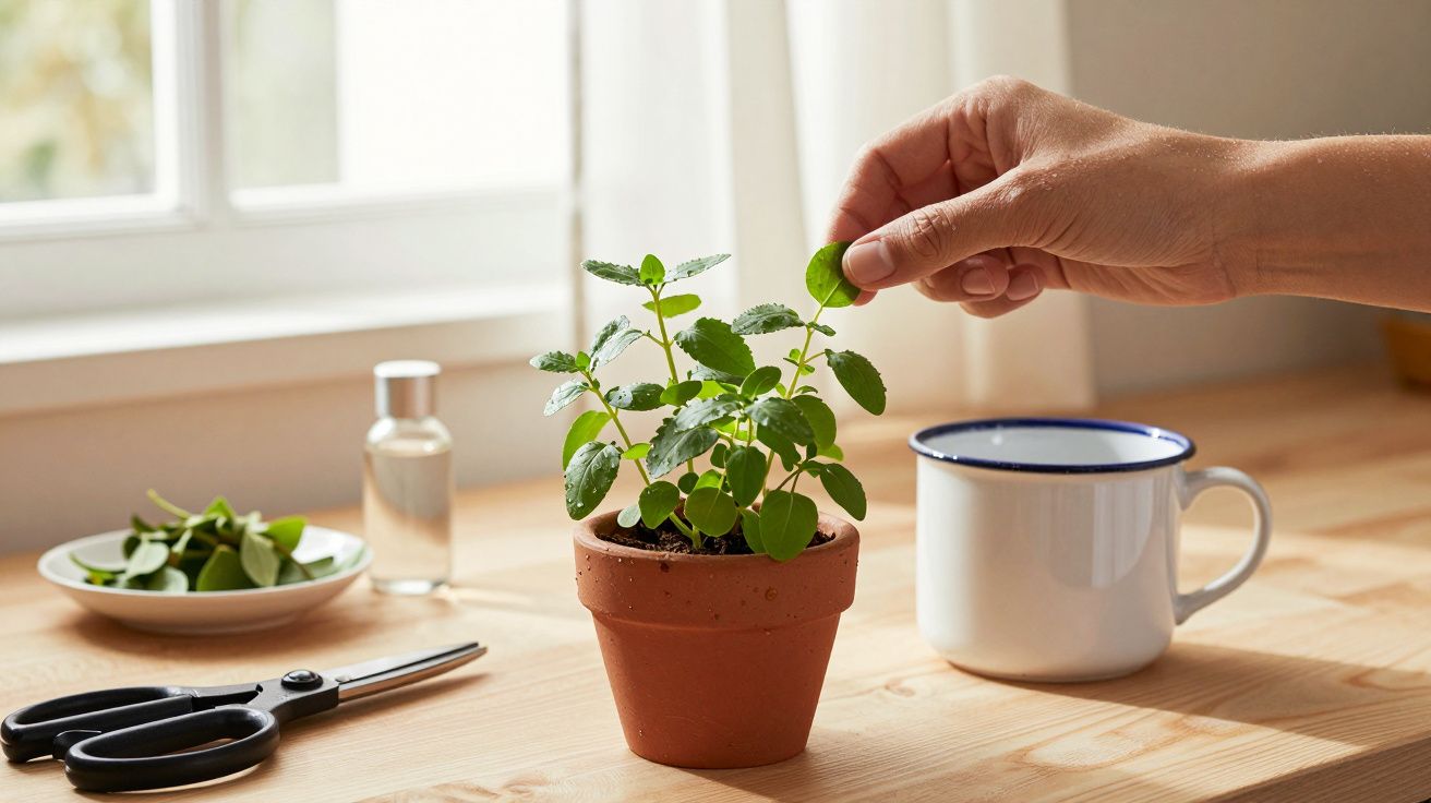 Mão cuidando de planta em vaso de cerâmica, com chávena, tesoura e prato na mesa de madeira iluminada por janela.