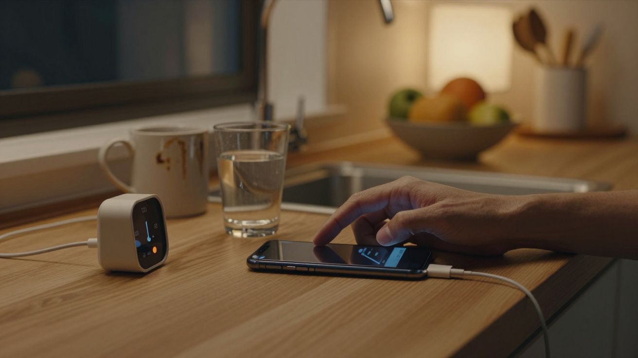 Mão tocando telemóvel a carregar numa bancada de cozinha, ao lado de copo de água e dispositivo eletrônico.