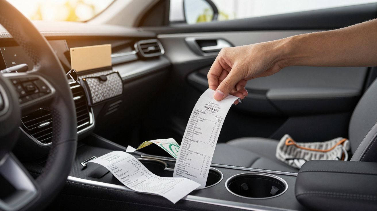 Mão a segurar um recibo no interior de um carro, com o porta-luvas aberto e vários documentos visíveis.
