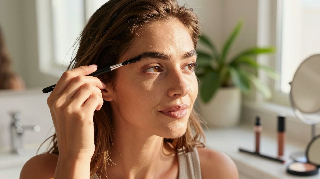Mulher a pentear as sobrancelhas em frente a um espelho, com maquilhagem sobre a bancada.