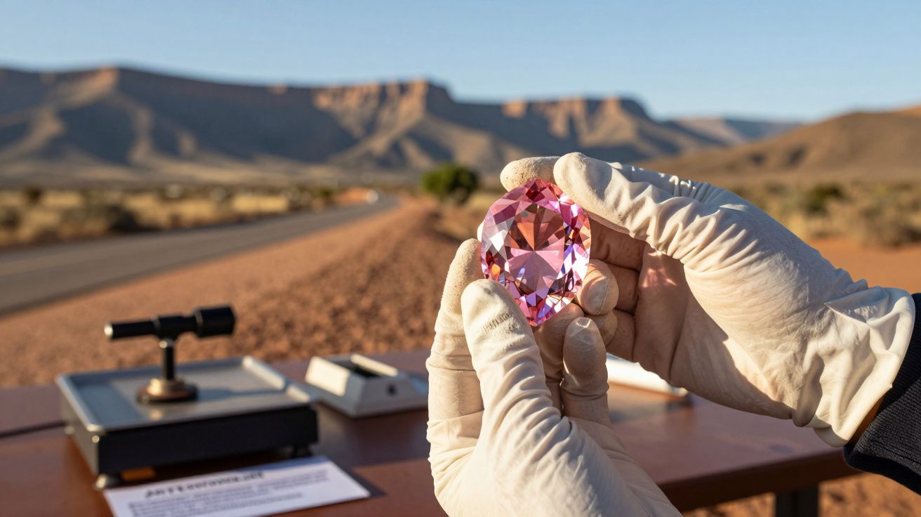 Mãos com luvas seguram grande diamante rosa com paisagem desértica e equipamento científico ao fundo.