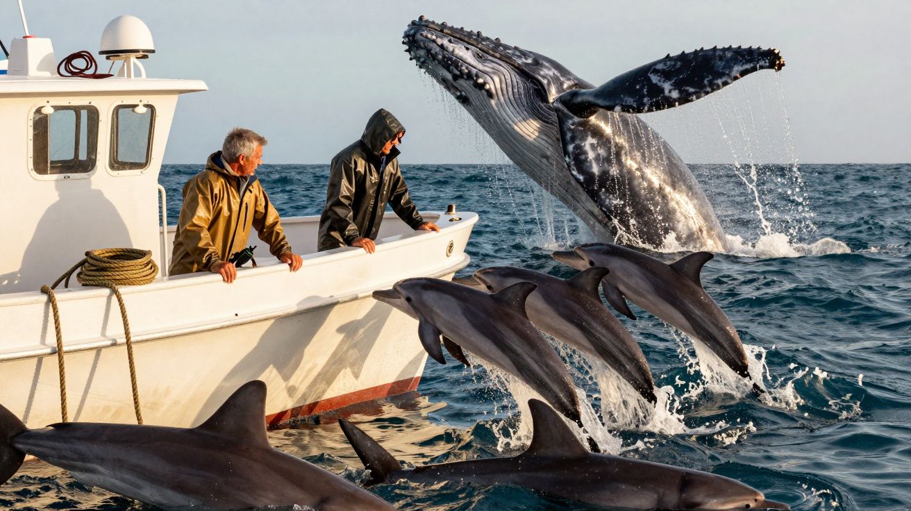 Barco com dois homens cercado por golfinhos e uma baleia jubarte que salta do mar ao fundo.